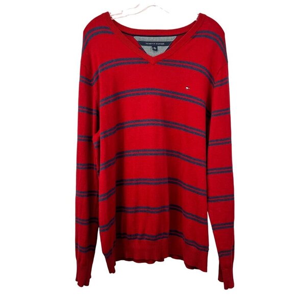 Tommy Hilfiger Men’s V-Neck Long Sleeve Red/Blue Striped Sweater Pullover XL - Picture 1 of 9